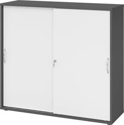 Produktbild von bümö Schiebetürenschrank office - 3 Ordnerhöhen - Griff: Bogengriff (Metall), Nachbildung: Graphit/Weiß