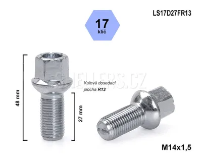 Obrázek produktu pro Kolový šroub M14x1,5x27 kulový R13, WHT002437, Audi, Seat, Škoda, VW, klíč 17, LS17D27FR13, výška 48 mm