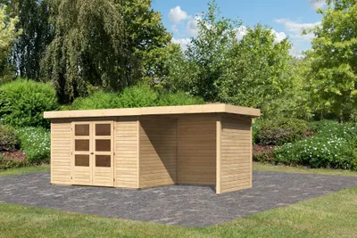 Produktbild von Karibu Gartenhaus Gerätehaus Askola 4 im Set mit Anbaudach 2,40 m Breite und 19 mm Seiten- Rückwand naturbelassen 522x217x211 cm