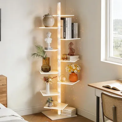 Zdjęcie produktu dla 9-poziomowy regał stojący 180 x 38 x 38 cm Regał na książki Regał podłogowy Pionowa obrotowa wieża na książki Regały z efektem gwiazd i księżyca LED Do salonu i sypialni Kolor biały
