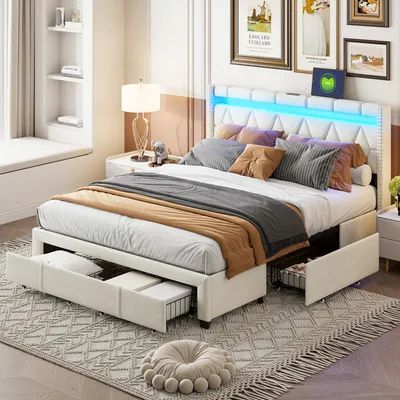 Zdjęcie produktu dla Łóżko tapicerowane Fortuna Lai 160x200 cm, zagłówek LED i USB, łóżko do przechowywania z 4 szufladami, stelaż listwowy, len, beżowy