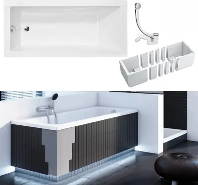 Produktbild von VBChome Badewanne 130 x 70 cm Weiß Acryl Wannenträger Platz für LED-Beleuchtung Styroporträger Siphon Wanne Rechteck Modern Ablaufgarnitur in Chrom