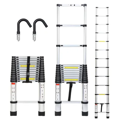 Produktbild von Fiqops Teleskopleiter Mit Haken  Aluminium Stehleiter Silber  3.2m