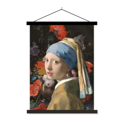 Produktbild von MuchoWow® Textilposter Das Mädchen mit dem Perlenohrring - Vermeer - Blumen 120x160 cm mit schwarzem Rahmen - Magnetischer