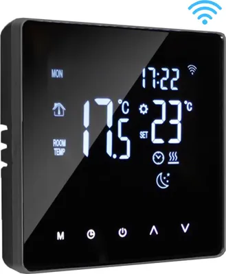 A digital thermostat display showing temperature and time.