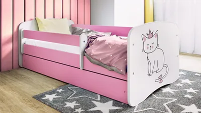 Produktbild von Kinderbett Rosa 70x140 80x160 80x180 cm – mit Matratze, Rausfallschutz und Schublade – Jugendbett für Mädchen – Stabil und Sicher – Katze – 160x80 cm, KI-generiertes Bild