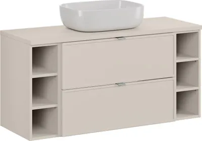 Produktbild von Badezimmer-Waschtisch 120 cm in Kaschmir mit 6 Fächern, 2 Schubladen & Aufsatzwaschbecken - BIBIONE-56