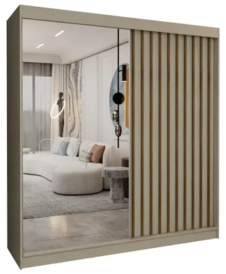 Produktbild von 200 cm Kleiderschrank Erika mit Lamellen und Spiegel Schwebetürenschrank Kleiderstange Garderobe (Farbe: kaschmir, artisan)