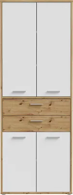 Produktbild von Forte KEFLAVIK Büroschrank 80 90, moderner Büroschrank mit 4 Türen und 2 Schubladen, Weiß|Artisan Eiche Holzdekor, 84,5 cm breit x 226,5 cm hoch x 41,5 cm tief