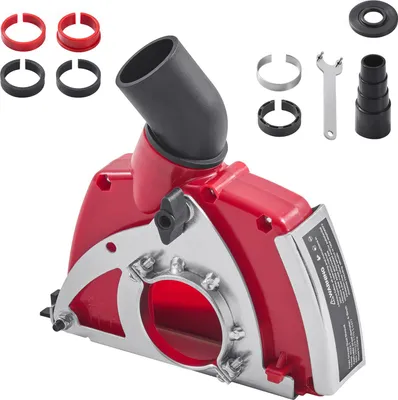A red and silver angle grinder dust shroud with various accessories on a white background.