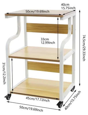 Produktbild von Druckerwagen - 3-stufiger Stauraum - Helles Walnussholz - Weißer Stahlrahmen - 4 Feststellrollen - Belastbarkeit 80 kg - Büroorganizer