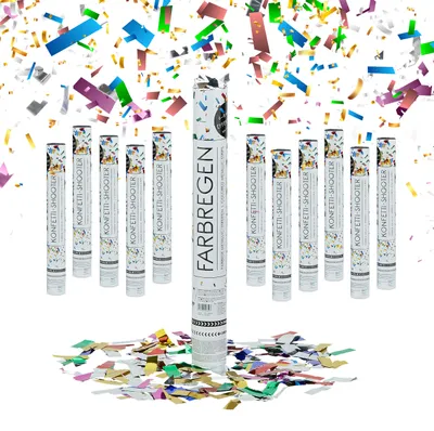 Zdjęcie produktu dla Relaxdays Party Popper, zestaw 12 sztuk, wysokość efektu 6–8 m, Sylwester, urodziny i ślub, armatka do konfetti 40 cm, folia, kolorowa