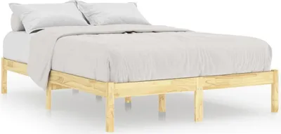 A wooden bed frame with white bedding and pillows against a white background.