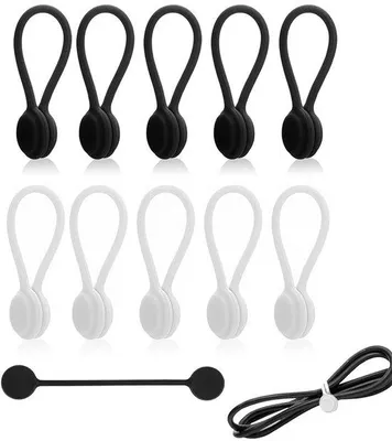 Produktbild von 10 multifunktionale, magnetische Kabelbinder aus Silikon – 11 cm – wiederverwendbare Kabelbinder – schwarz und weiß – zum Bündeln von Kabeln