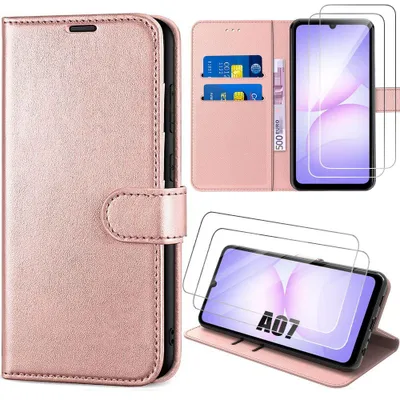 Image de Coque + 2 Verres Trempés pour Samsung Galaxy A07, Protection Intégrale Anti-Rayures Synthécuir Luxe Rose