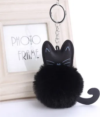 Produktbild von Kunstfell Flauschige Katze Schlüsselanhänger Schlüsselanhänger Modeschmuck Tasche Hängezubehör-Schwarz