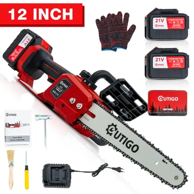 A collection of items related to a cordless chainsaw, including the chainsaw itself, batteries, charger, gloves, and accessories, arranged on a white background.