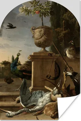 Produktbild von MuchoWow® Poster Jagdstiefel auf einer Plattform - Gemälde von Melchior d'Hondecoeter 120x180 cm - Kunstposter