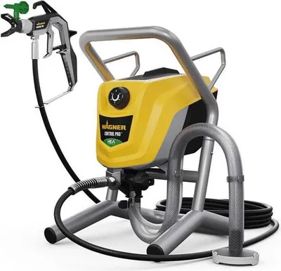 A yellow and gray electric paint sprayer with a black hose and a black spray gun.