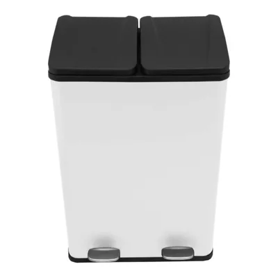 Zdjęcie produktu dla Podwójny kosz na śmieci z pedałem ze stali nierdzewnej, 60 l, system segregacji odpadów, kosz na śmieci, kosz na papier, kosz na odpady, recykling, 2 wyjmowane przegródki, kosz z pedałem, biały