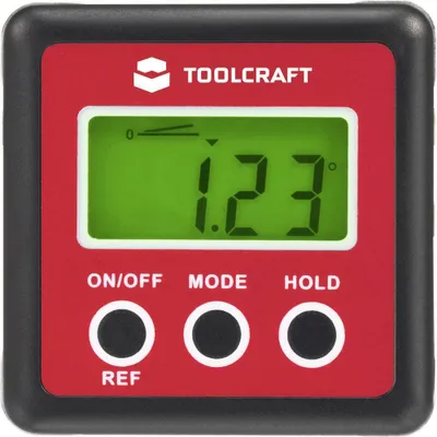 A digital angle gauge with a red casing and a green LCD screen displaying '1.23' degrees.