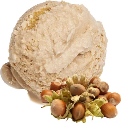 A scoop of hazelnut ice cream with a pile of hazelnuts in their shells.