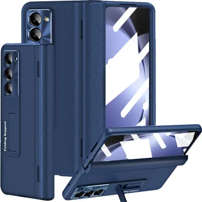 Produktbild von Handyhülle für Samsung Galaxy Z Fold 6 Leder Hülle mit Scharnierschutz, integriertem Glas Displayschutz und Ständer Blau
