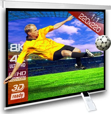 A soccer player in mid-air kicking a soccer ball on a projection screen.