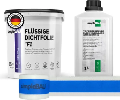 Produktbild von SimpleBau F1 Dichtset Flüssigdichtfolie gebrauchsfertig + Grundierung  + elastisches Dichtband für Fugen und Ecken zum Abdichten von Bädern, 1,5kg + 1l + 5M