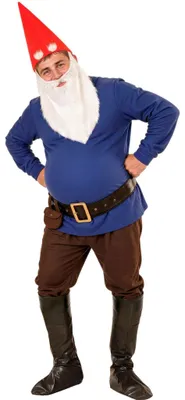 Gartenzwerg Kostüm Hugo für Herren mit blauem Oberteil, brauner Hose, Gürtel, roter Zipfelmütze und langem weißem Bart.