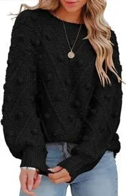 Produktbild von ASKSA Damen Pullover Rundhals Pompons Strickpullover Lose Einfarbiger Pulli Einfarbig Sweater, Schwarz, 2XL