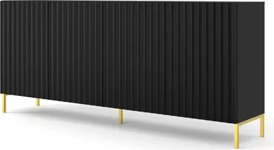 Obrázek produktu pro Komoda WAVE 4D 200 cm BLACK MATT Příborník 4 dveře s frézovanými čely MDF Vysoká skříň Bufett BEINE GOLDEN