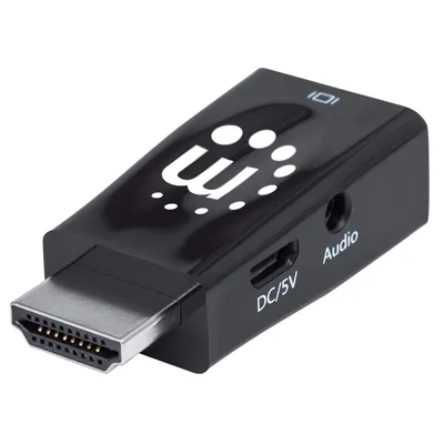 Produktbild von Manhattan HDMI auf VGA-Mikrokonverter , HDMI-Stecker auf VGA-Buchse mit Audio, optionaler USB Micro B-Stromport, schwarz, HDMI, VGA, 3.5mm, Schwarz