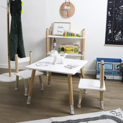 Image de Table et 2 Chaises - HOME DECO KIDS - Crayon - Blanc et Marron