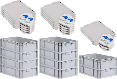Produktbild von SuperSparSet 10x Eurobox NextGen Grip mit Scharnierdeckel und blauen Schiebeschnappverschlüssen | HxBxT 17x40x60cm | 34 Liter | Grau | Griffe geschlossen | Glatter Boden | Eurobehälter, Transportbox, Transportbehälter, Stapelbehälter