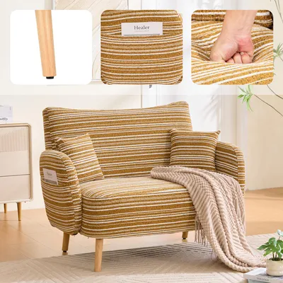 Zdjęcie produktu dla Dwuosobowa sofa z poduszkami na podłokietnikach, z możliwością przechowywania, wygodna, wymiary: 121 x 82 x 87 cm, kolor: musztardowy
