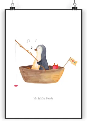 Produktbild von Mr. & Mrs. Panda Bild Pinguin Angelboot DIN A5 - Weiß - Geschenk, wanddeko, Angeln, Optimistisch, Trennung, Plakat, Scheidung, Posterdruck, Pinguine, drucke, Kunstdruck