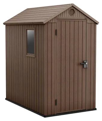 Produktbild von Darwin 4x6 - Gartenhaus 125,8x205,10x184,50 cm mit 1 Tür zur Werkzeugaufbewahrung, Holzoptik-Oberfläche Evotech+ aus braunem Kunstharz
