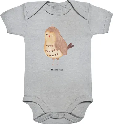 Produktbild von Mr. & Mrs. Panda Babybody Eule Zufrieden 1. - 3. Monat - Heather Grey - Geschenk, Müde, babyanzug, Hochzeitstag, babykleidung body, kurzarm, Strampler Baby, Deko, Owl
