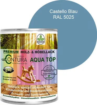 Produktbild von Contura 750ml. Möbellack Lack für Kinderspielzeug Buntlack DIN EN71/3 Buntlack Holzlack - RAL 5024 Castello Blau