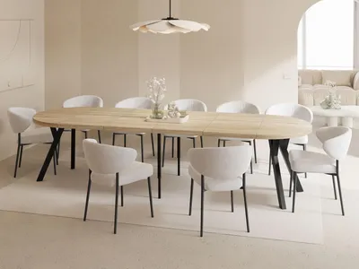 Produktbild von Esstisch Rund Groß XXL Ausziehbar im Loft-Stil – 100 bis 300 cm – Extra Lang Ausziehtisch mit Schwarzen Holzbeinen, Industrieller Tisch für 5-16 Personen – Esszimmertisch – Eiche Hell Braun