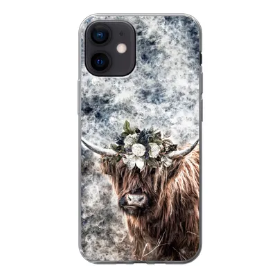 Produktbild von MuchoWow® Handyhülle Schutzhülle Hülle für iPhone 12 Schottischer Highlander - Rauch - Blumen Silikon Softcase Handy Hülle - Schutzhülle