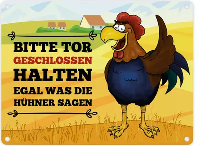 Produktbild von Metallschild mit Hahn Motiv und Spruch: Bitte Tor geschlossen halten ...