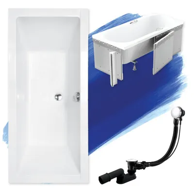 Zdjęcie produktu dla Wanna Akrylowa Zestaw 4w1 Prostokątna 170x75 Biała + Zabudowa Styropianowa, Nowoczesny Premium Syfon i Nogi (stelaż) w komplecie | BADLAND QUADRO