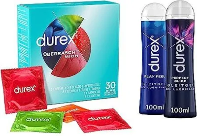 Produktbild von Durex Überrasch Mich-Set mit Durex Überrasch‘ Mich Kondome - 30er Großpackung (1 x 30 Stück) & Durex Play Gleitgel Ausprobierpaket für Sie und Ihn | Perfect Glide & Feel (2 x 100ml)