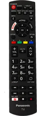 A black Panasonic TV remote control is shown against a white background.