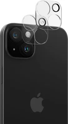 A close-up of a black iPhone with two camera lens protectors placed over the camera module.