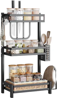 Productafbeelding van Unyqoos® Multifunctioneel kruidenrek, vrijstaand, roestvrij staal met poedercoating, 32x20x40 cm, zwart – met messenhouder, snijplankhouder en 4 haken