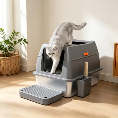Immagine prodotto di Lettiera per gatti in acciaio inox XXL 60×40×40,5 cm con coperchio, chiusa con filtro e paletta