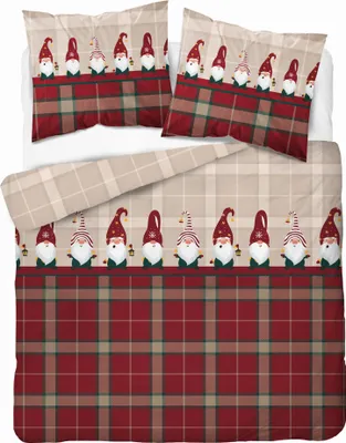 Produktbild von Weihnachtsbettwäsche-Set 160x200 Weihnachtselfen Rot kariert 100% Baumwolle
